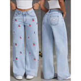 Denim Wide Leg Pants Women Jeans Embroidery High Waist Distressed Washed Pockets Vintage Floor Length Trousers 2025 Streetwear